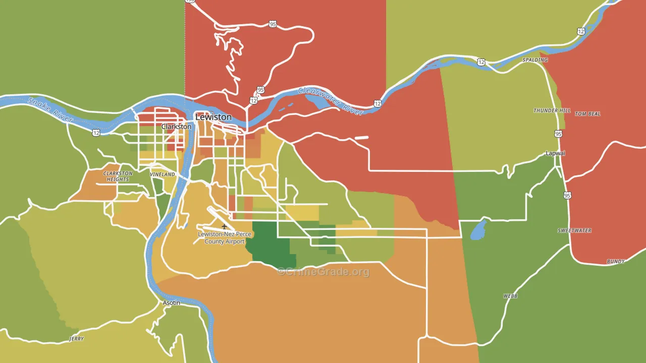 Nez Perce County, ID Map of Robbery Rates