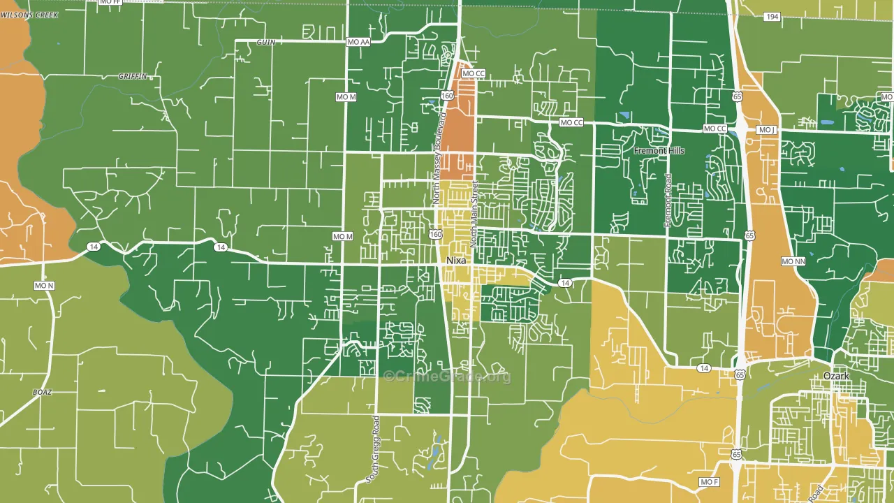Nixa, MO Map of Robbery Rates