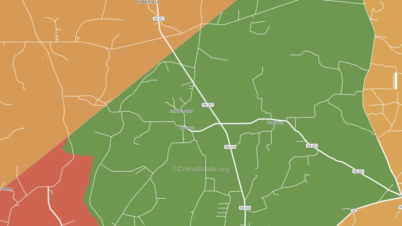 Nogalus, TX Map of Robbery Rates