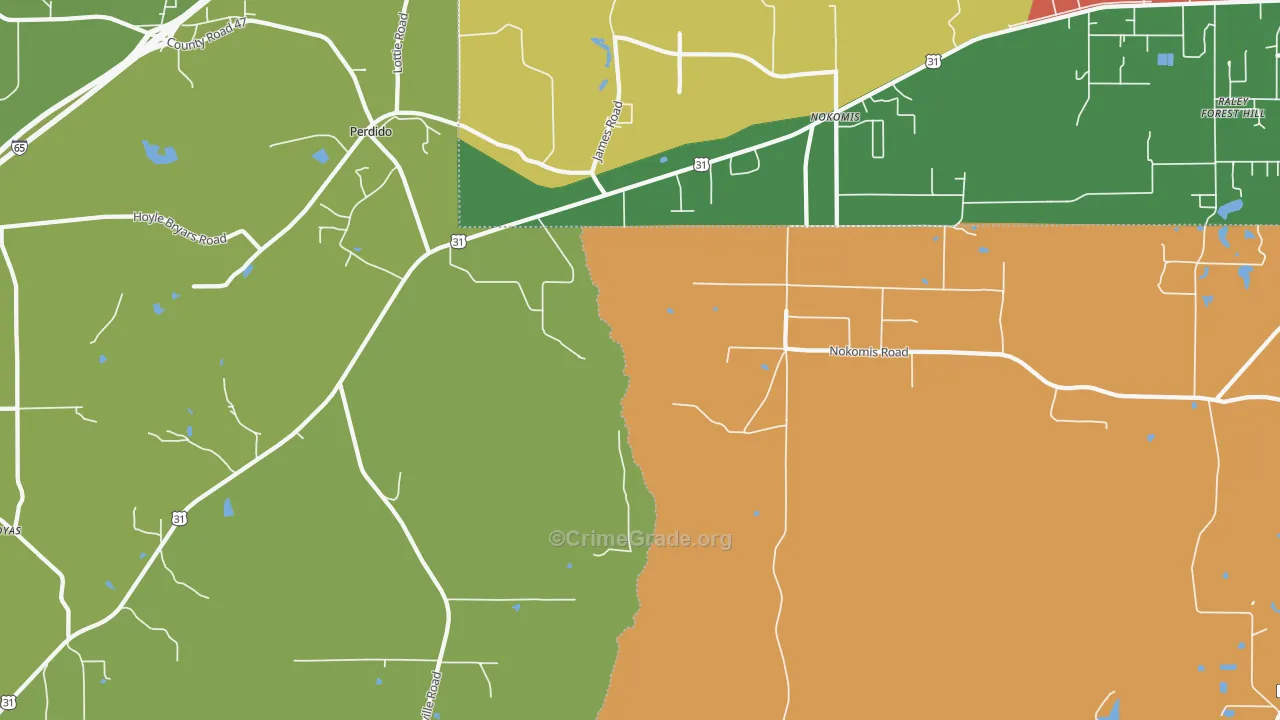Nokomis, AL Map of Robbery Rates