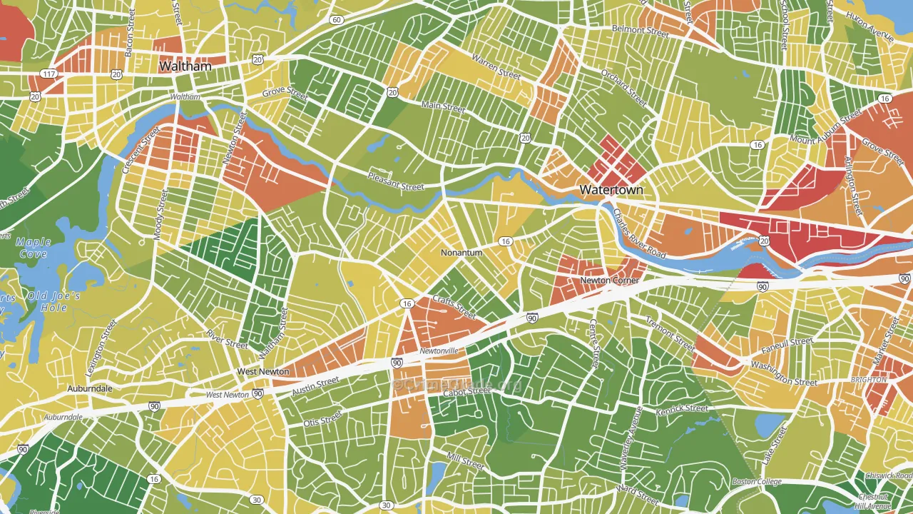 Nonantum, Newton, MA Map of Robbery Rates