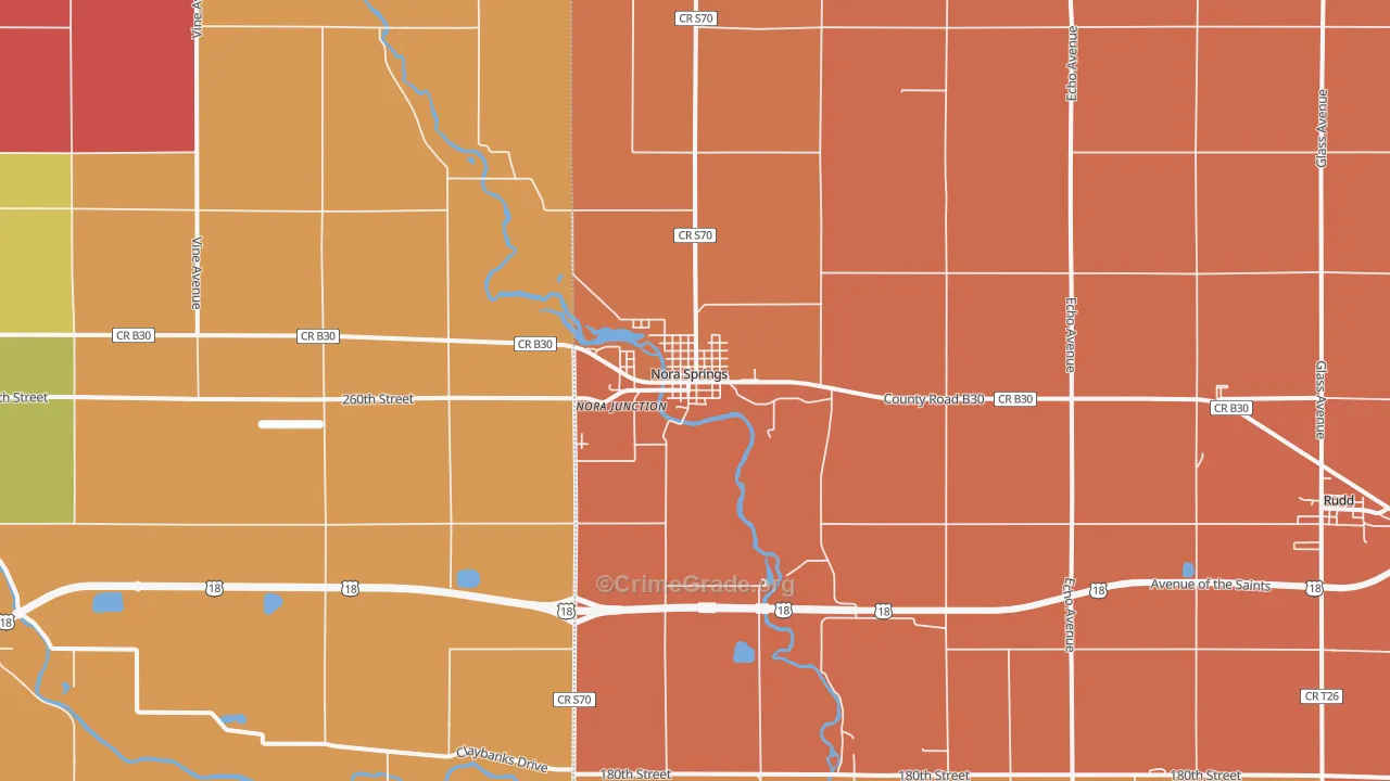 Nora Springs, IA Map of Robbery Rates