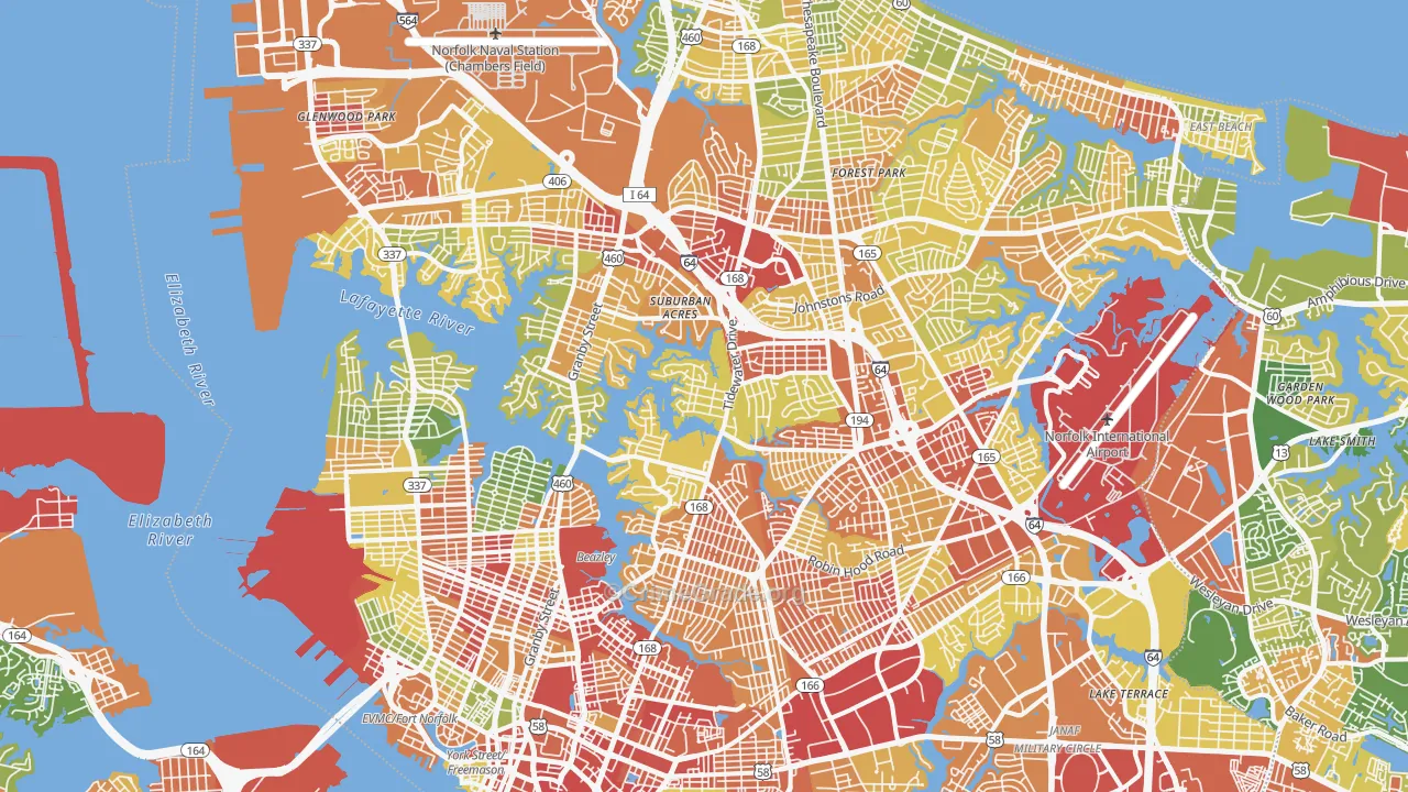 Norfolk City, VA Map of Robbery Rates