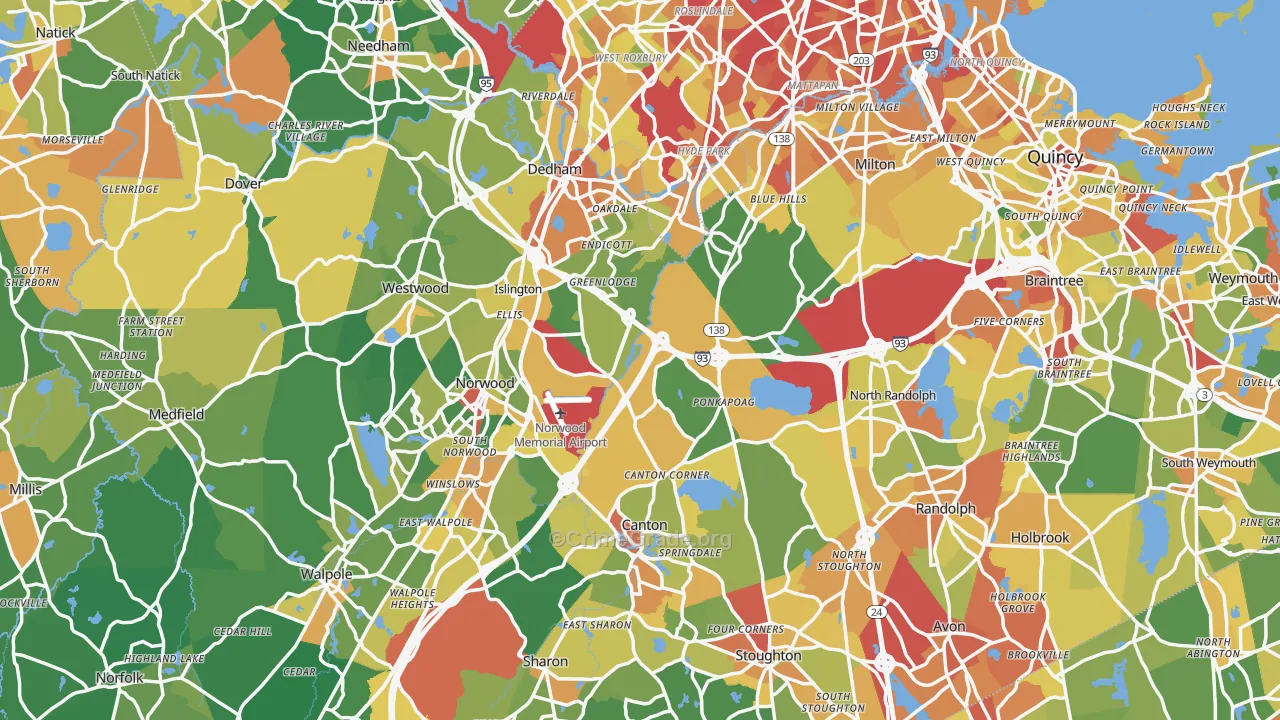 Norfolk County, MA Map of Robbery Rates