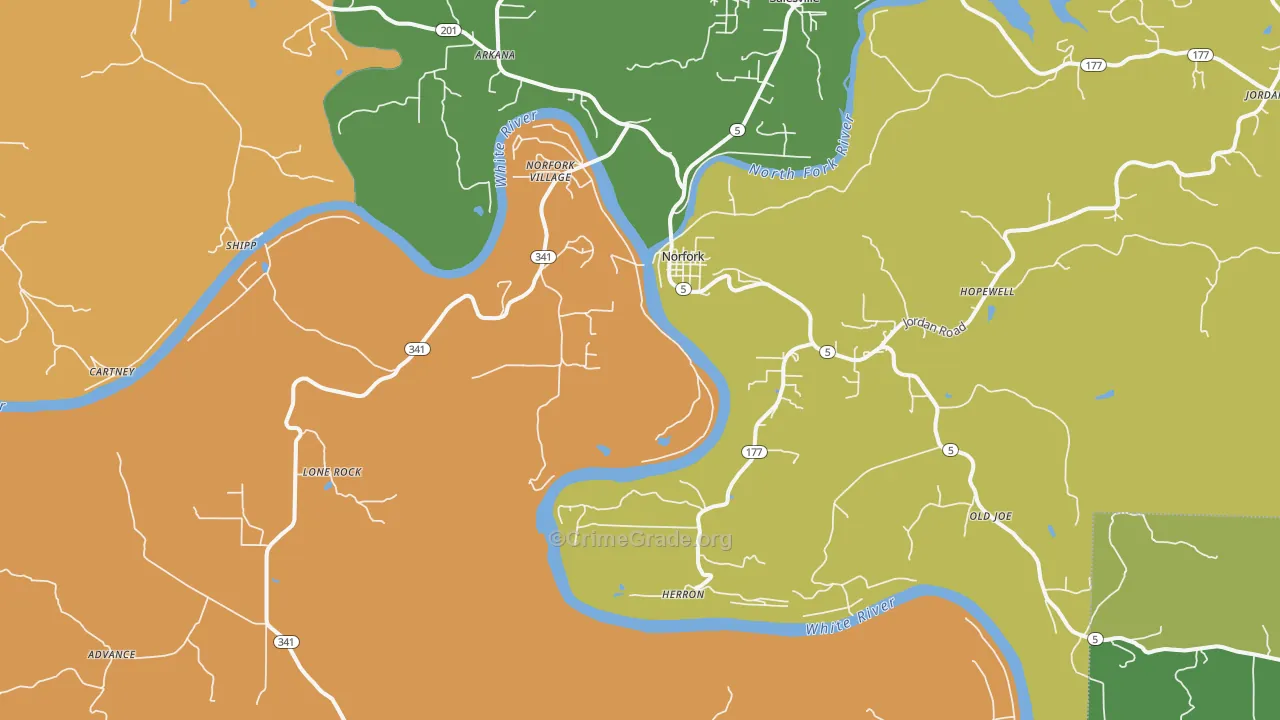 Norfork, AR Map of Robbery Rates