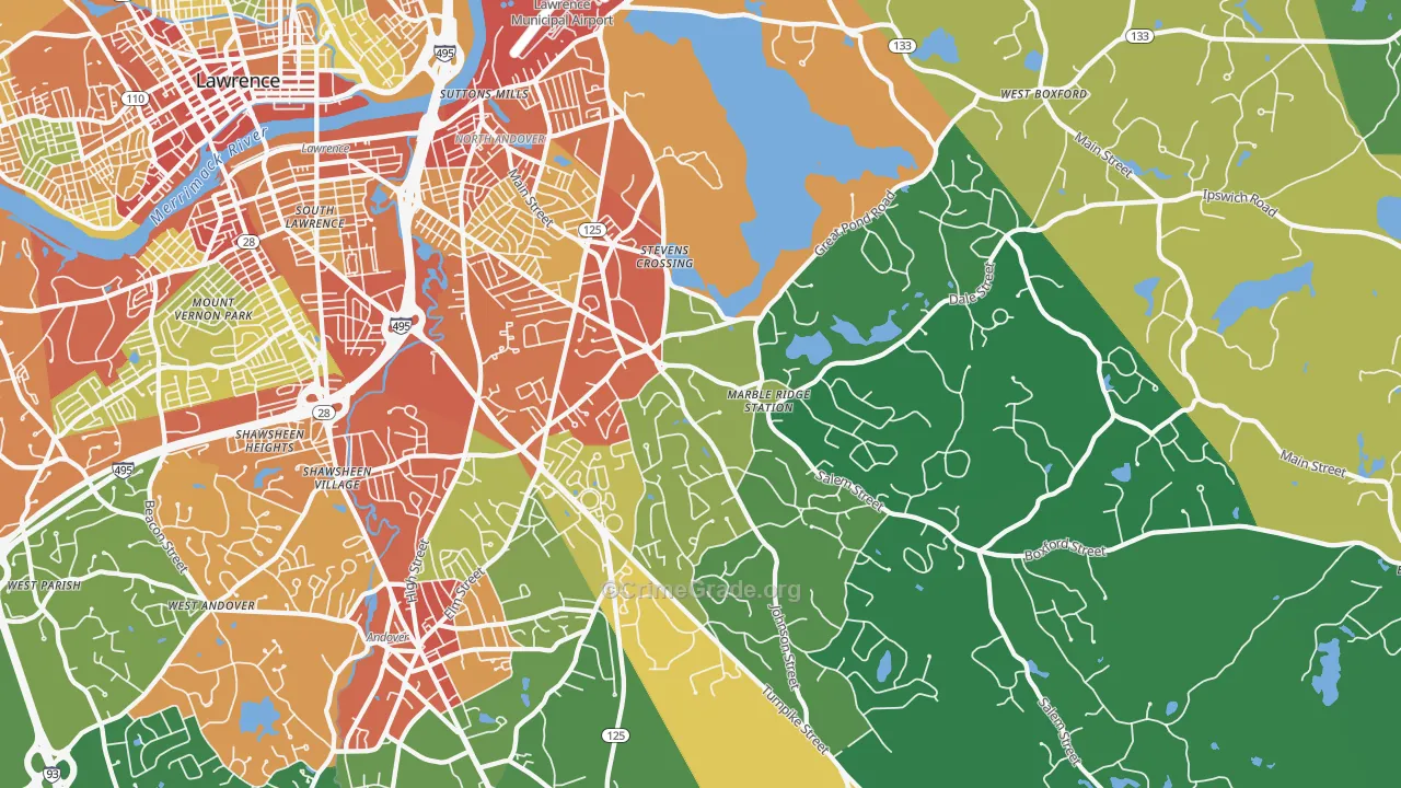 North Andover, MA Map of Robbery Rates