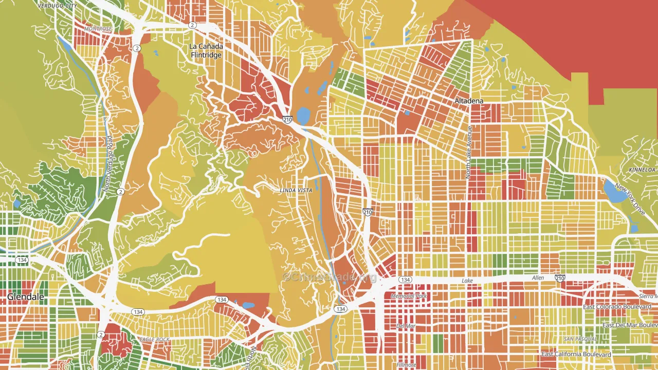 North Arroyo, Pasadena, CA Map of Robbery Rates