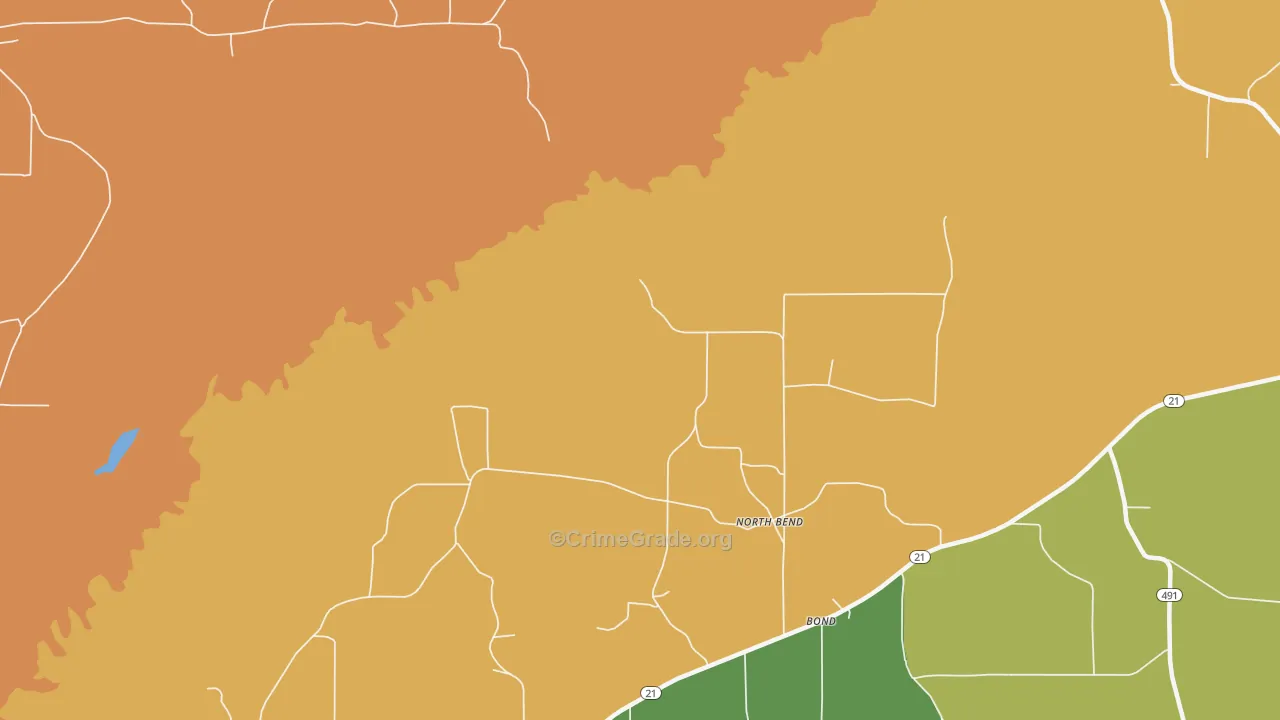 North Bend, MS Map of Robbery Rates