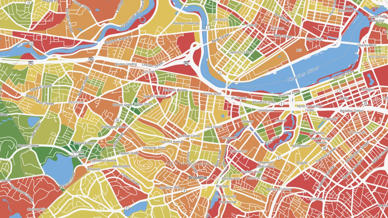 North Brookline, Brookline, MA Map of Robbery Rates