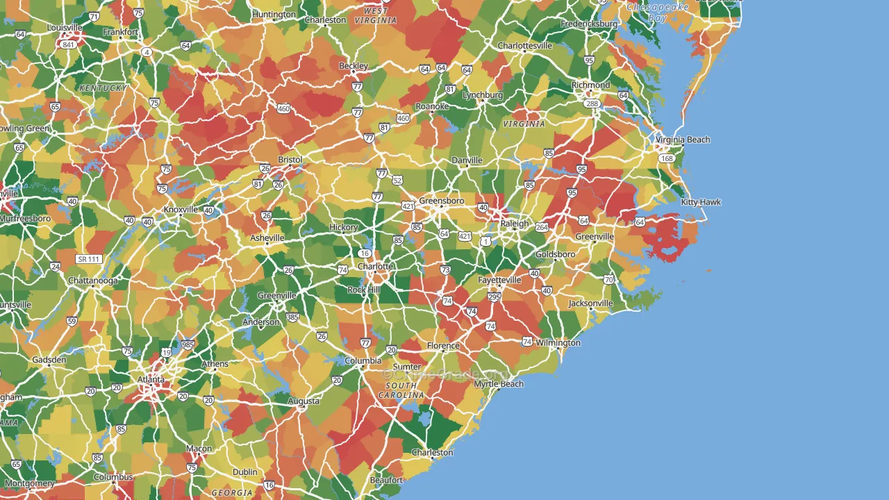 North Carolina Map of Robbery Rates