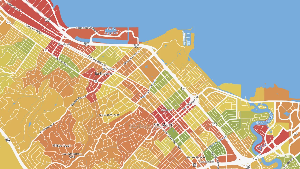 North Central San Francisco, San Mateo, CA Map of Robbery Rates