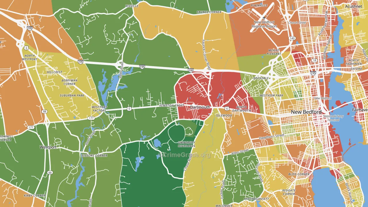 North Dartmouth, MA Map of Robbery Rates