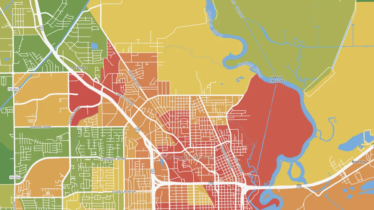North End, Beaumont, TX Map of Robbery Rates