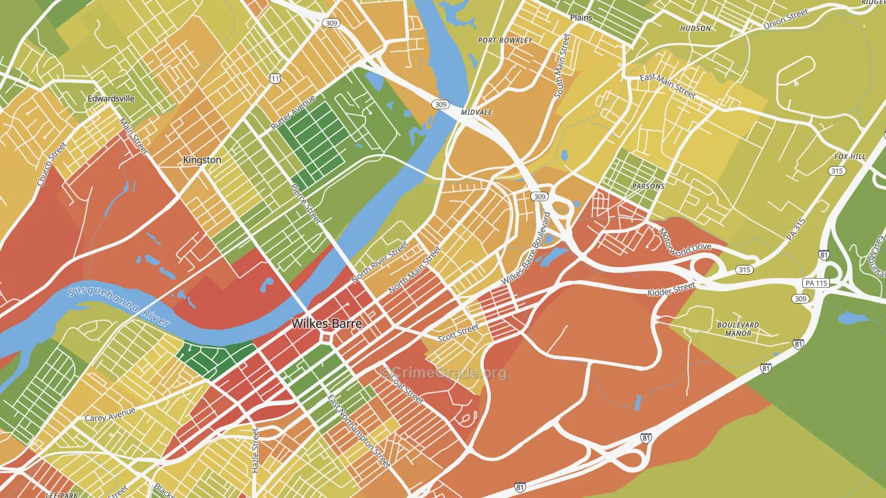North End, Wilkes-Barre, PA Map of Robbery Rates