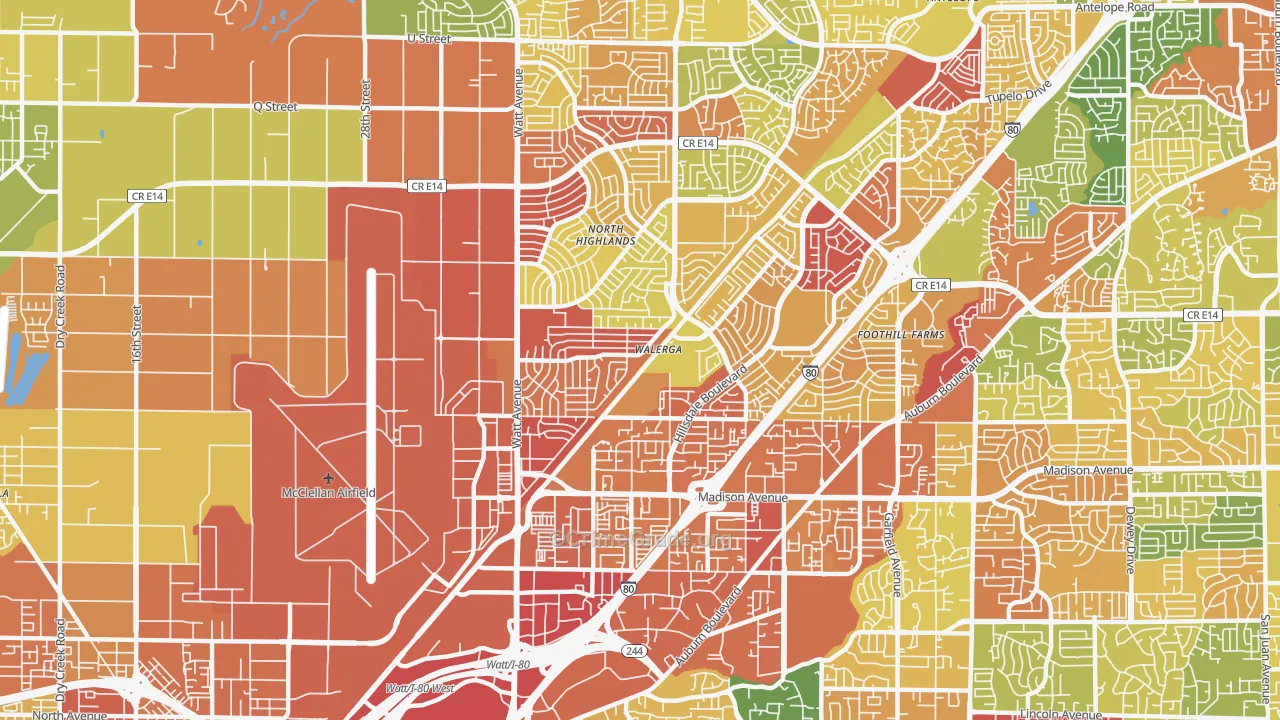 North Highlands, CA Map of Robbery Rates