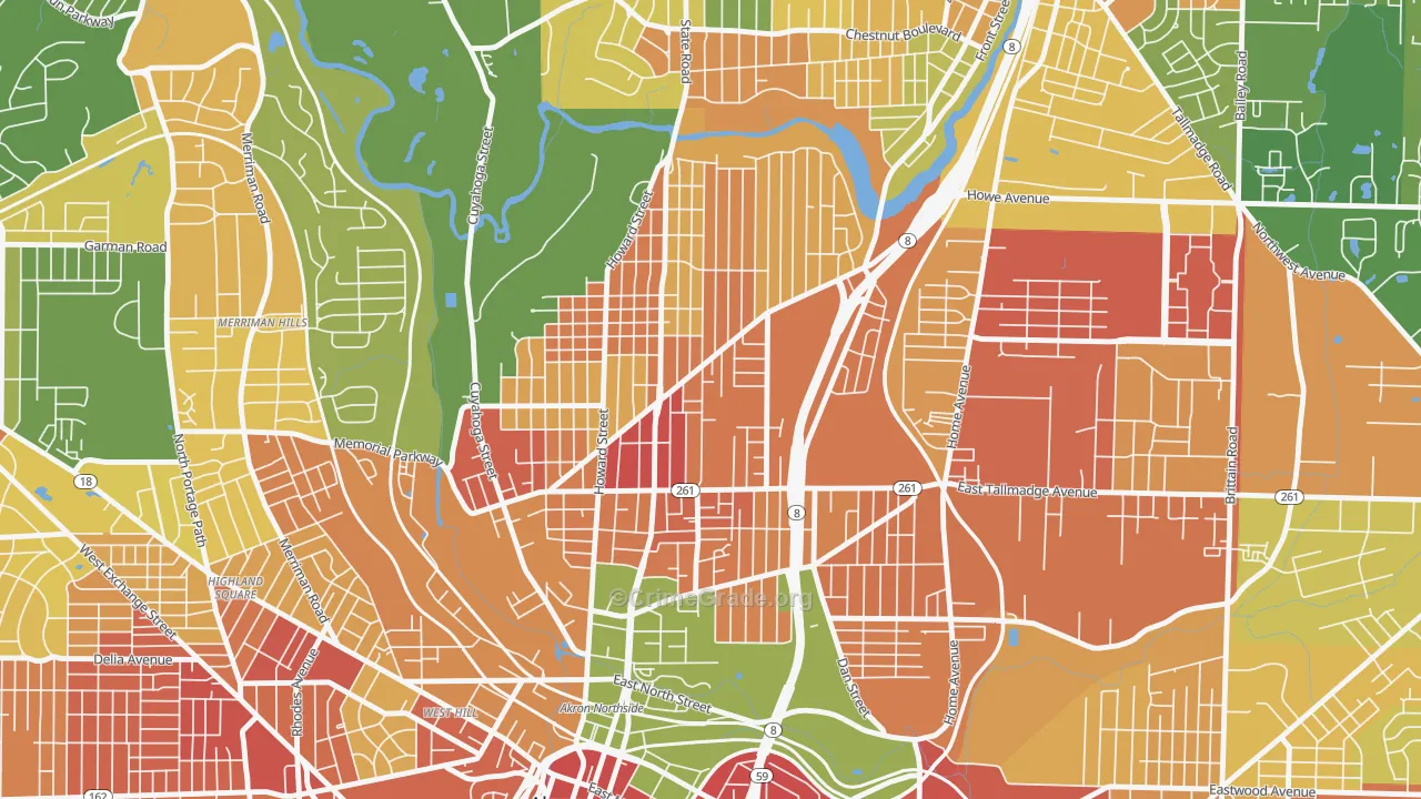 North Hill, Akron, OH Map of Robbery Rates