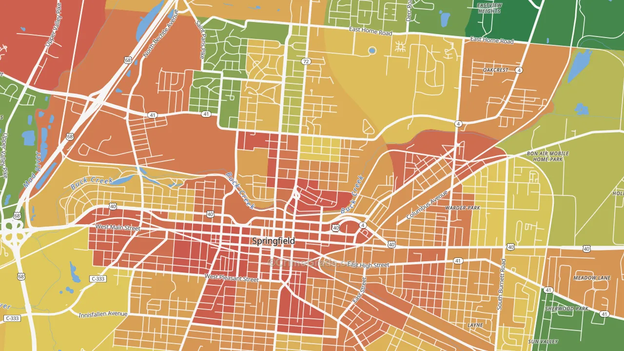 North Hill, Springfield, OH Map of Robbery Rates