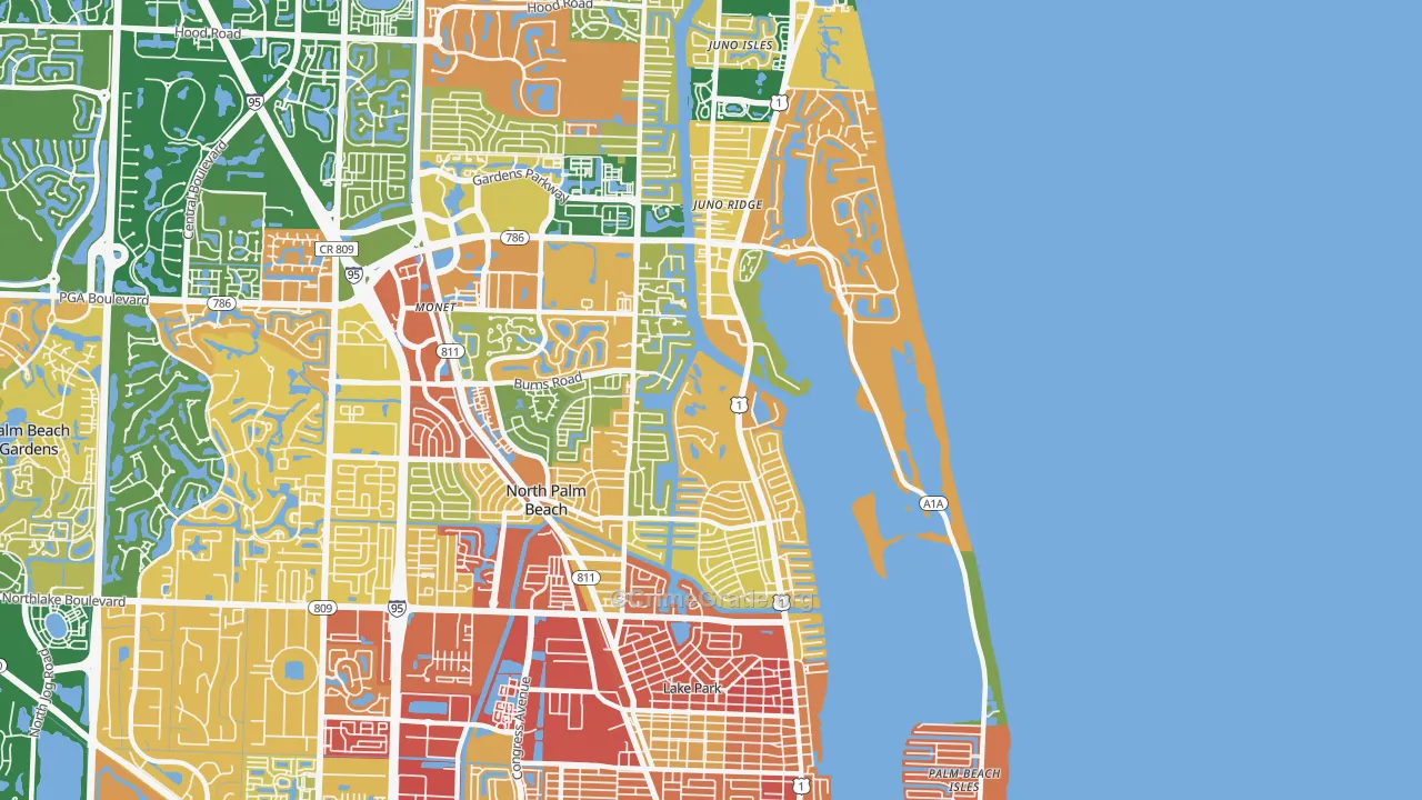 North Palm Beach, FL Map of Robbery Rates