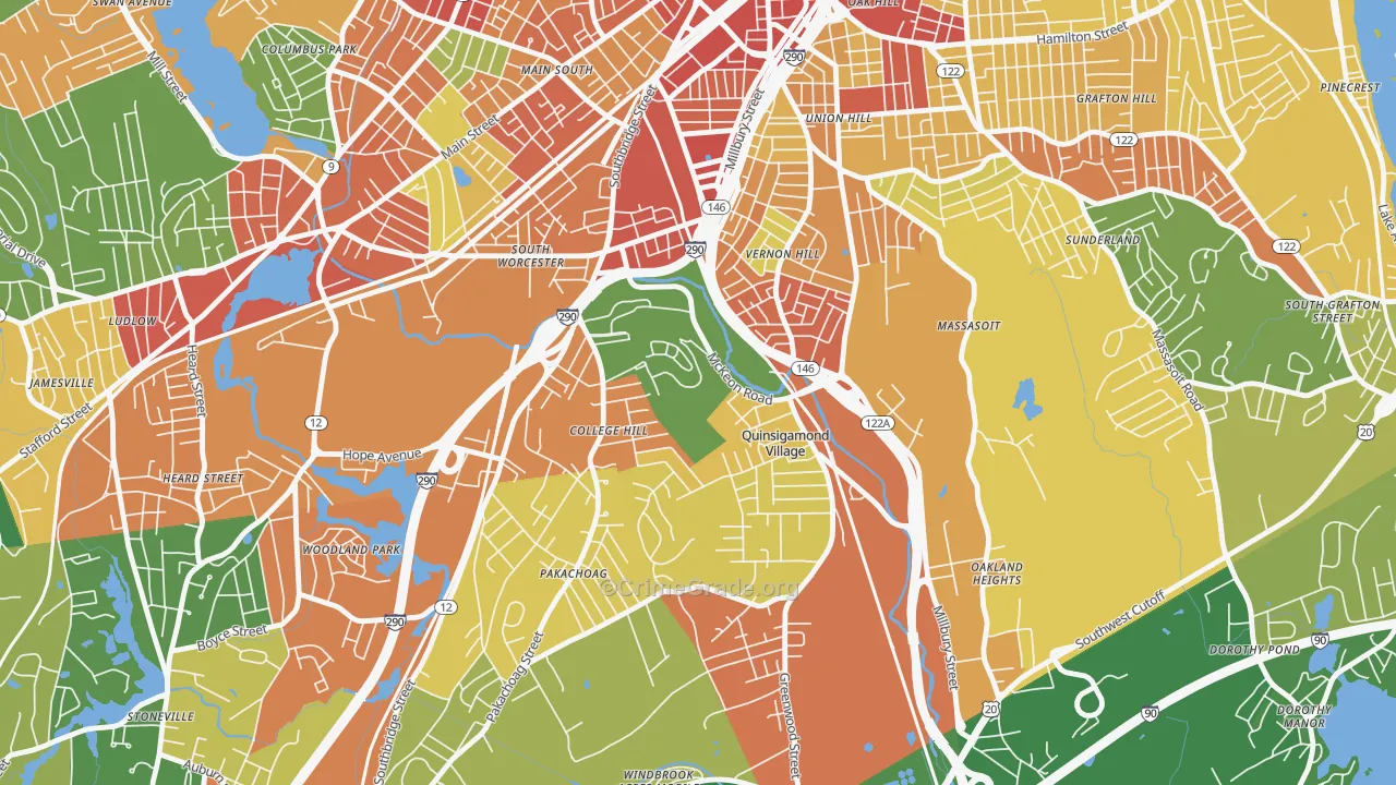 North Quinsigamond Village, Worcester, MA Map of Robbery Rates