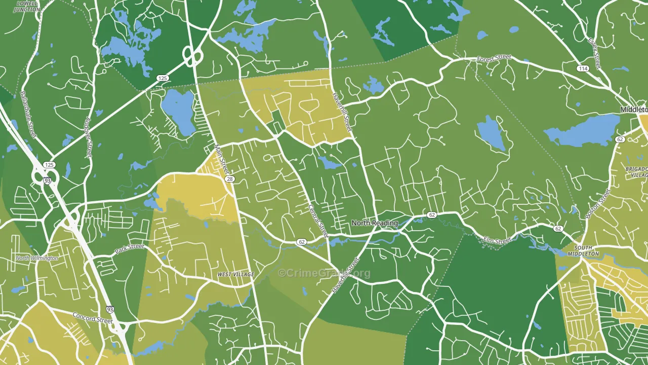 North Reading, MA Map of Robbery Rates
