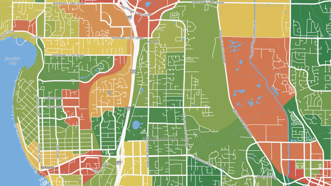 North Rose Hill, Kirkland, WA Map of Robbery Rates