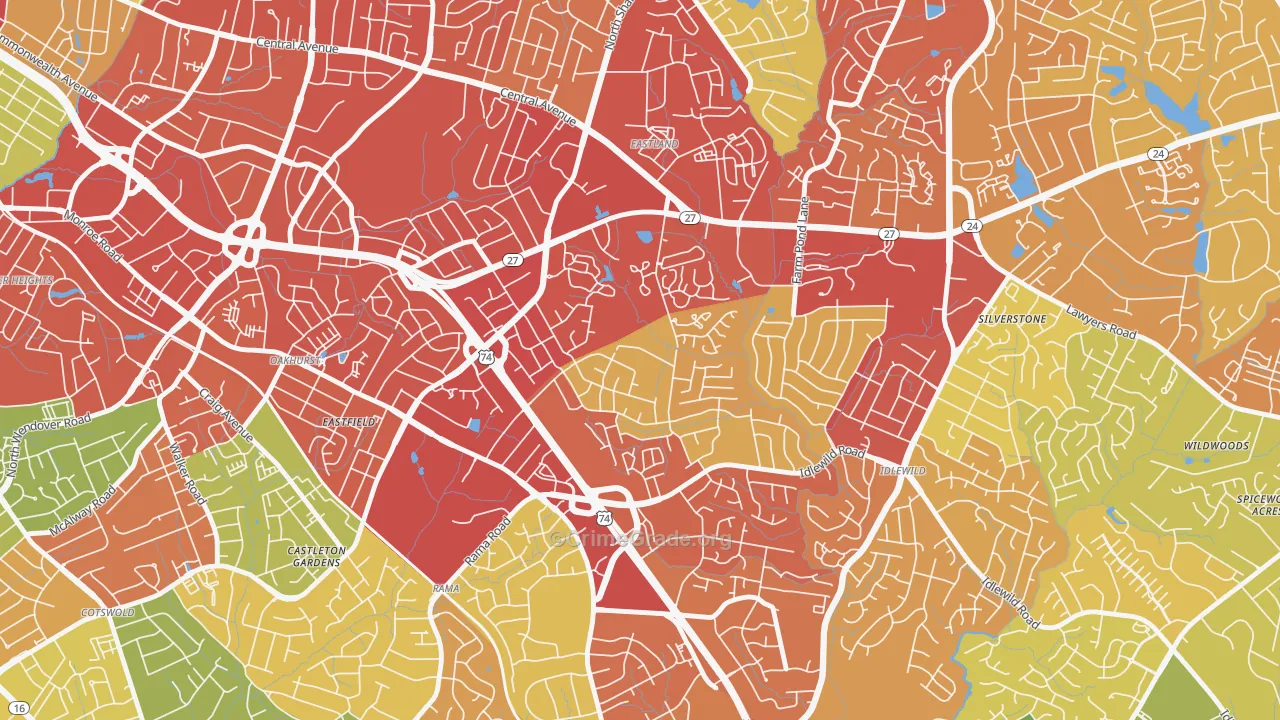 North Sharon Amity, Charlotte, NC Map of Robbery Rates