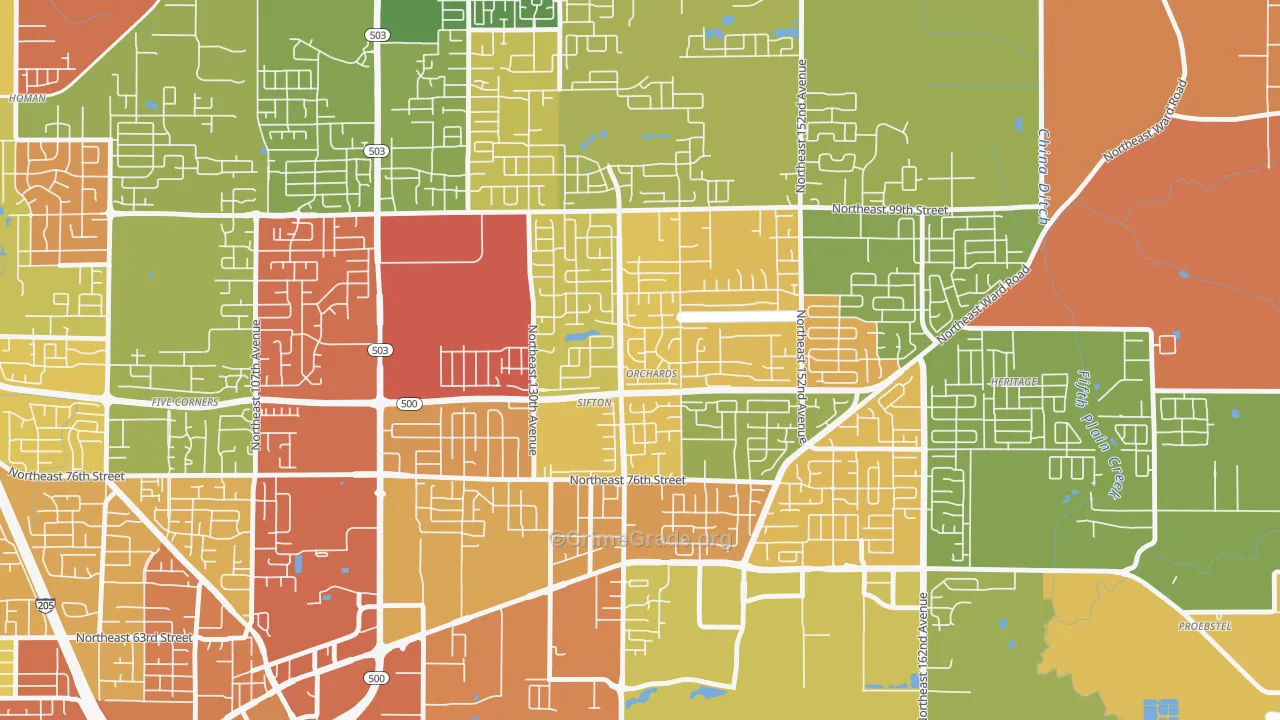 North Sifton-Orchards Area, Orchards, WA Map of Robbery Rates