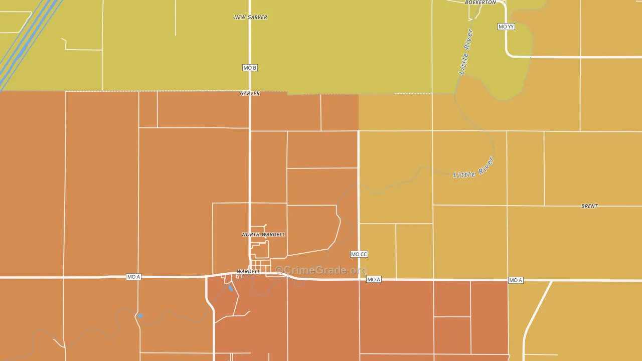 North Wardell, MO Map of Robbery Rates