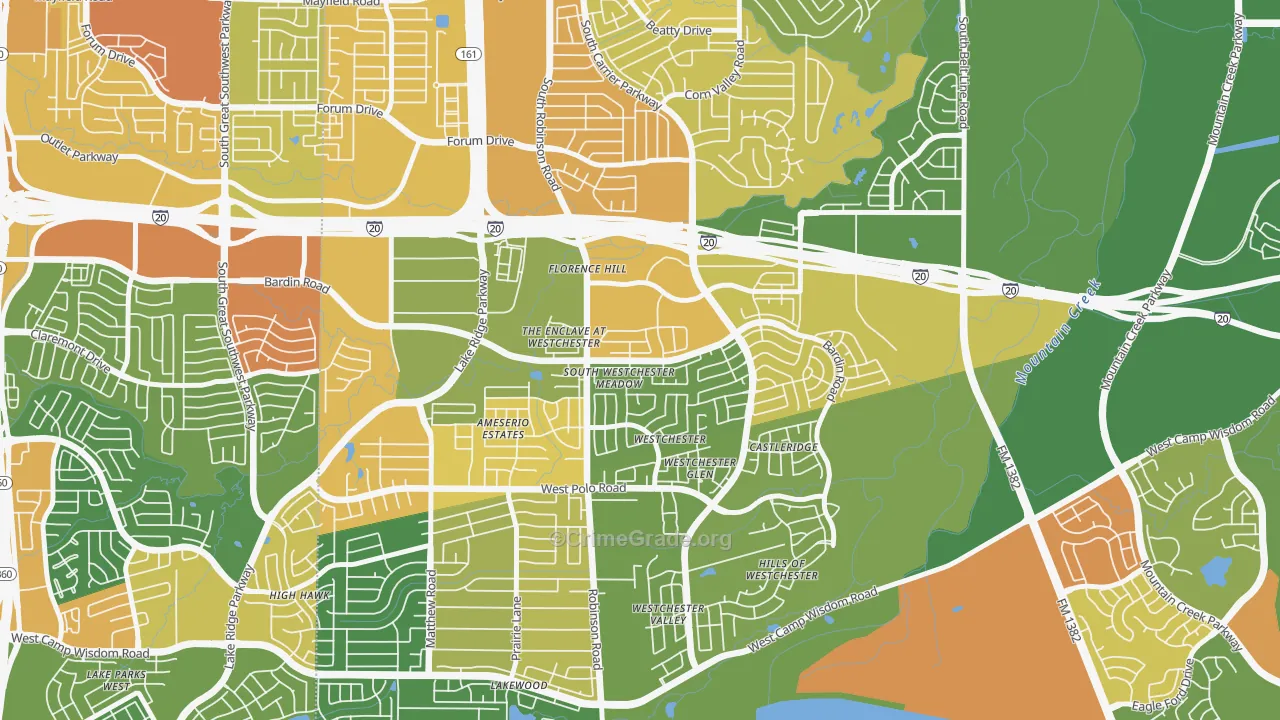 North Westchester Meadows, Grand Prairie, TX Map of Robbery Rates