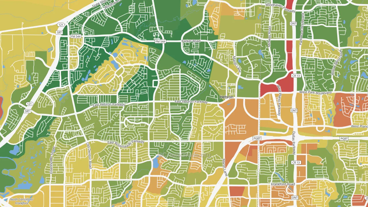 Northeast Dallas, Carrollton, TX Map of Robbery Rates