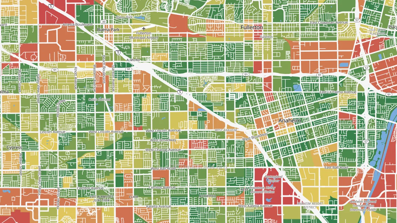 Northwest, Anaheim, CA Map of Robbery Rates