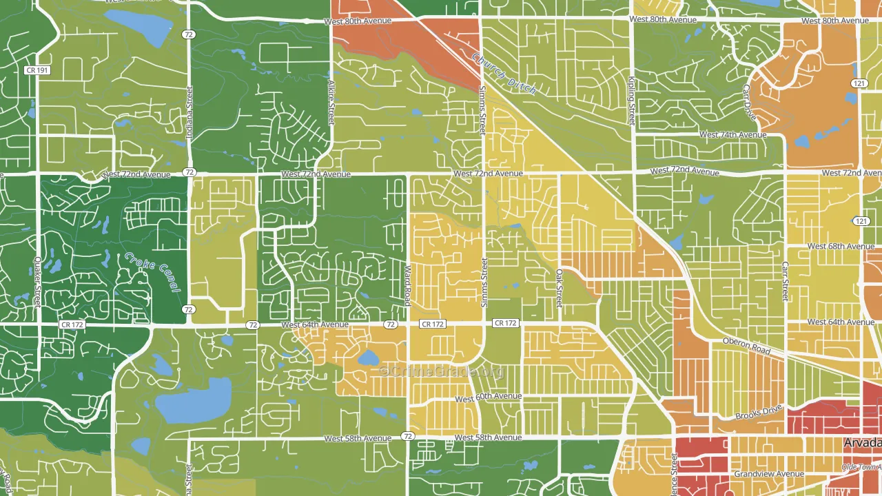 Northwest Arvada, Arvada, CO Map of Robbery Rates