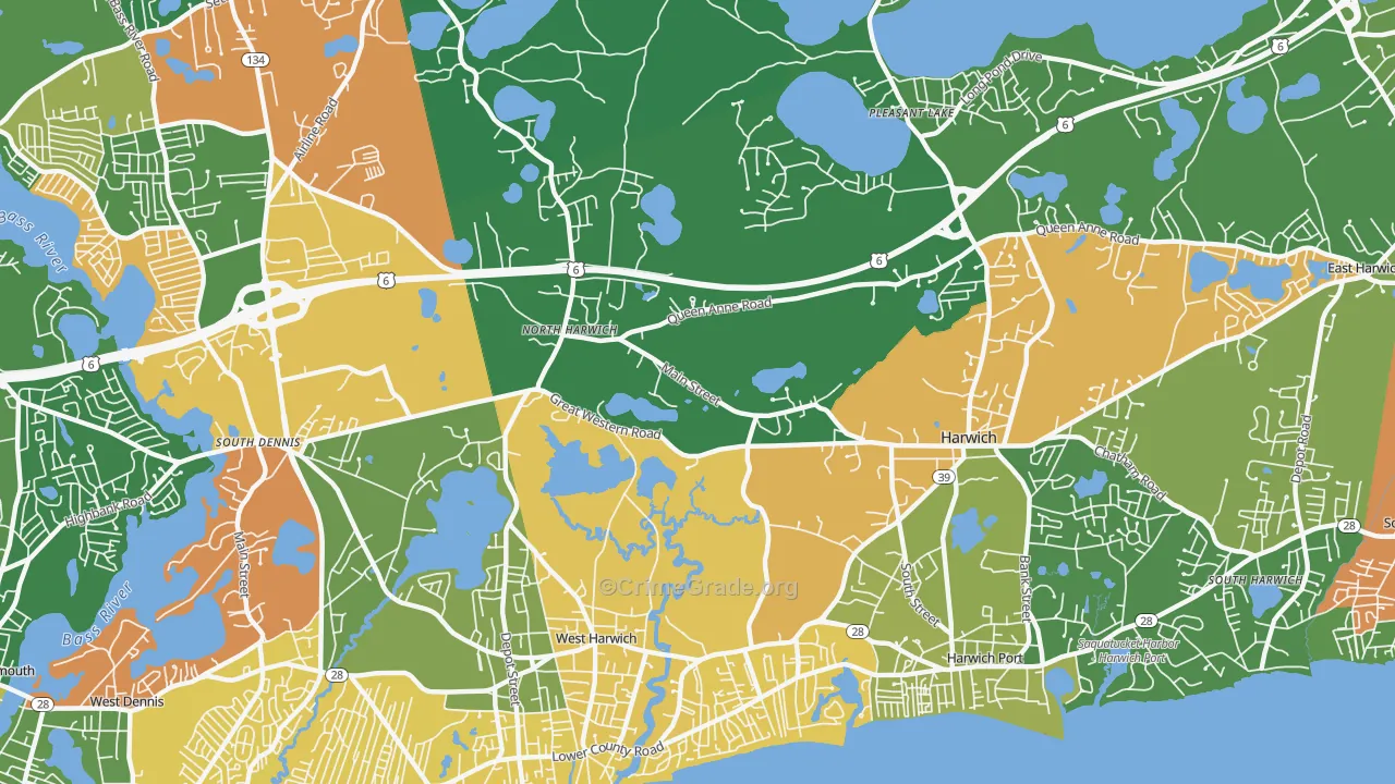 Northwest Harwich, MA Map of Robbery Rates