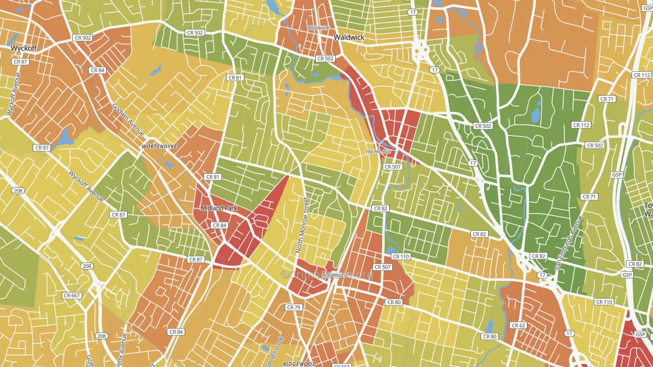 Northwest Ridgewood, Ridgewood, NJ Map of Robbery Rates