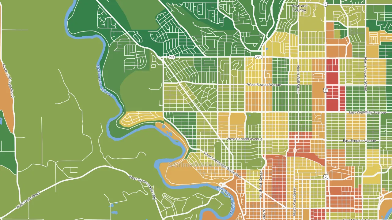 Northwest Spokane, Spokane, WA Map of Robbery Rates