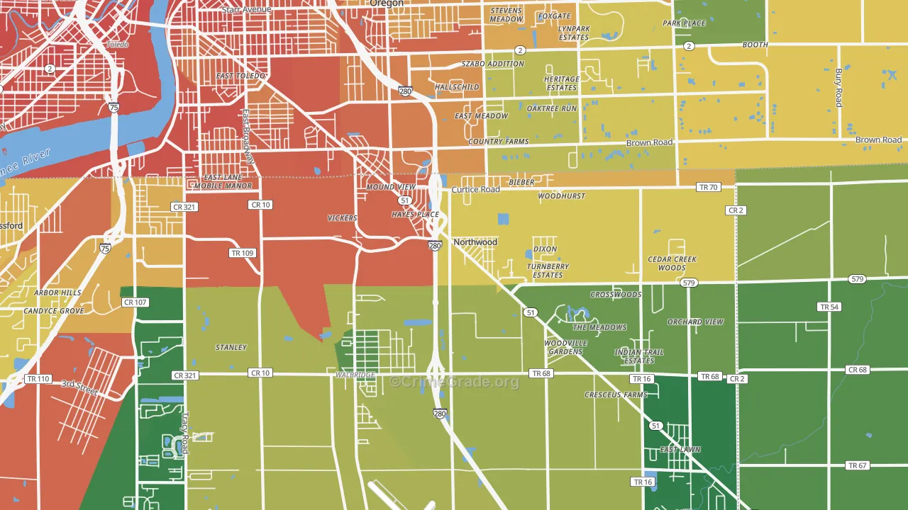 Northwood, OH Map of Robbery Rates