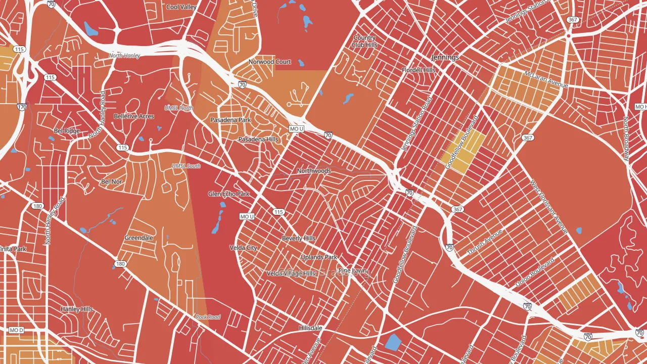 Northwoods, MO Map of Robbery Rates