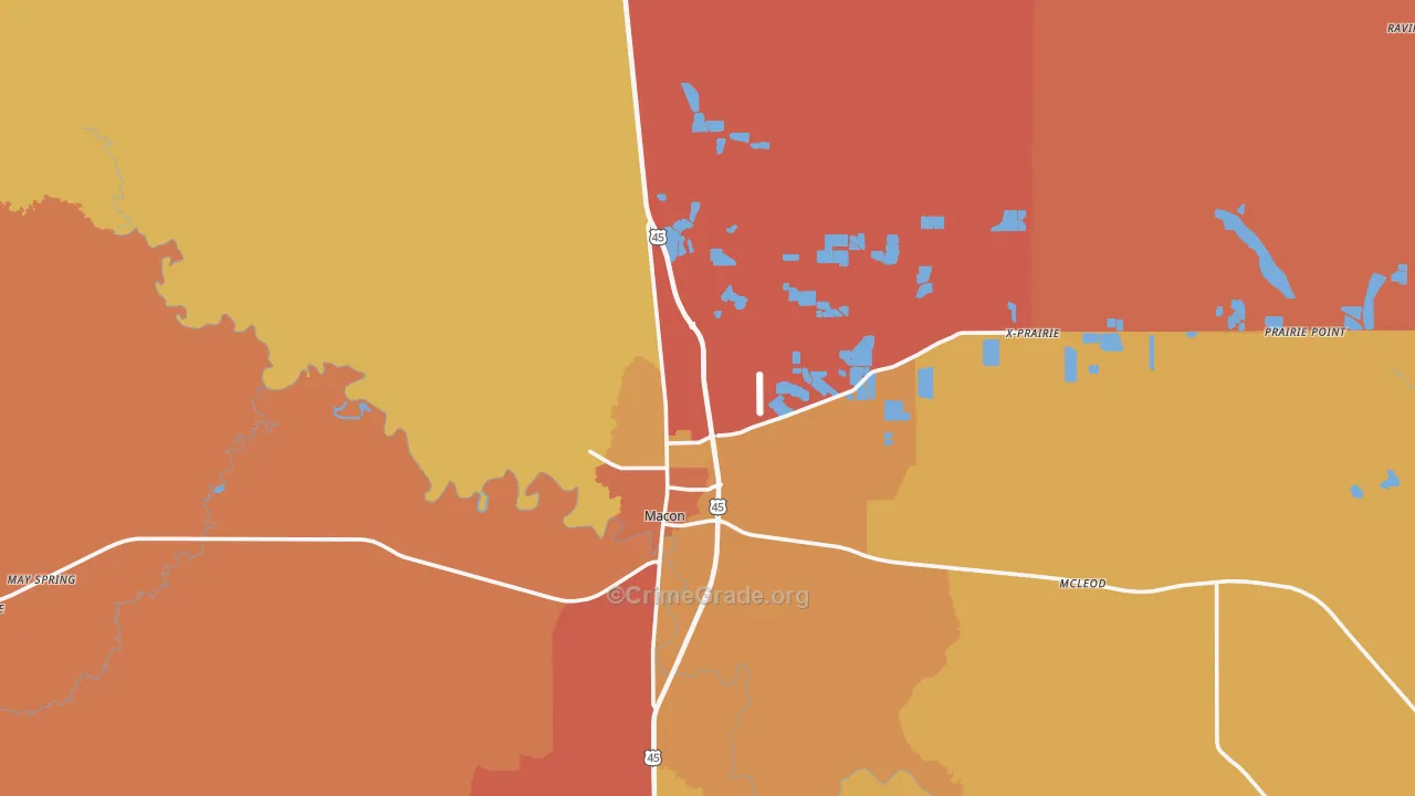 Noxubee County, MS Map of Robbery Rates