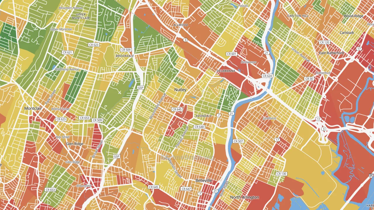 Nutley, NJ Map of Robbery Rates