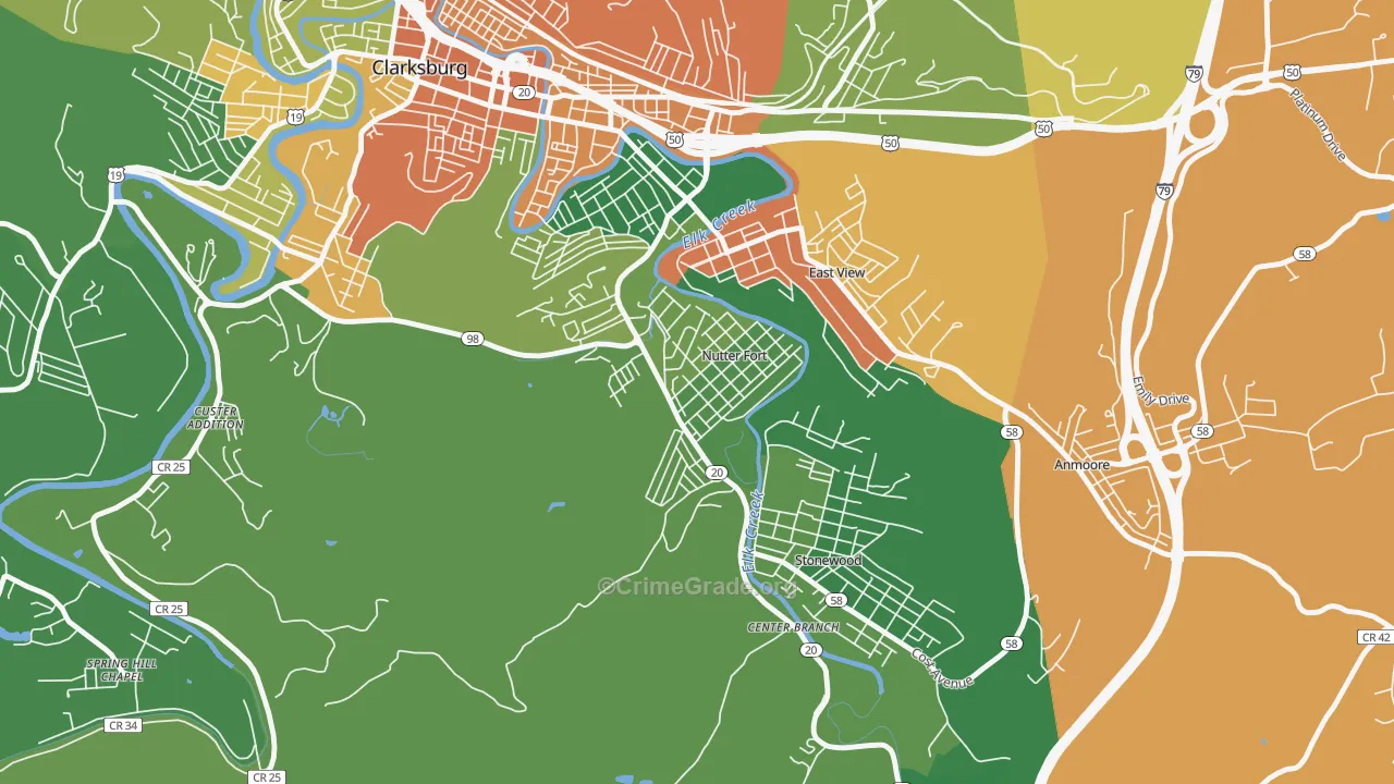 Nutter Fort, WV Map of Robbery Rates