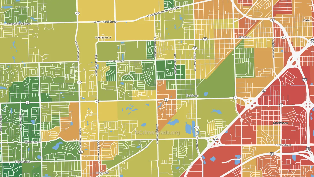 Oak Forest, IL Map of Robbery Rates