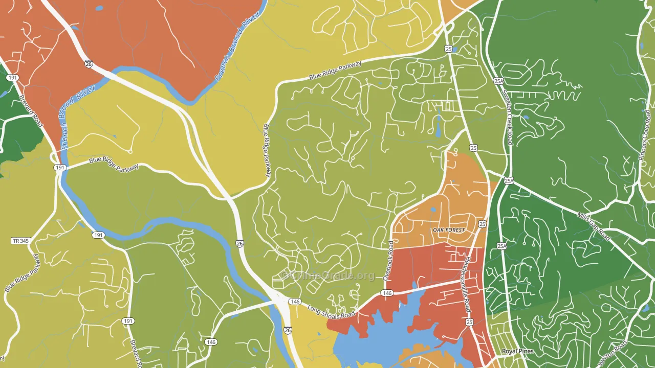 Oak Forest, NC Map of Robbery Rates
