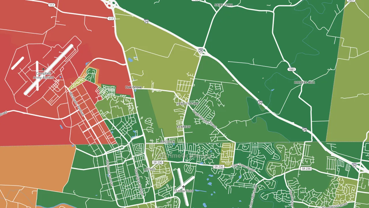 Oak Grove, KY Map of Robbery Rates