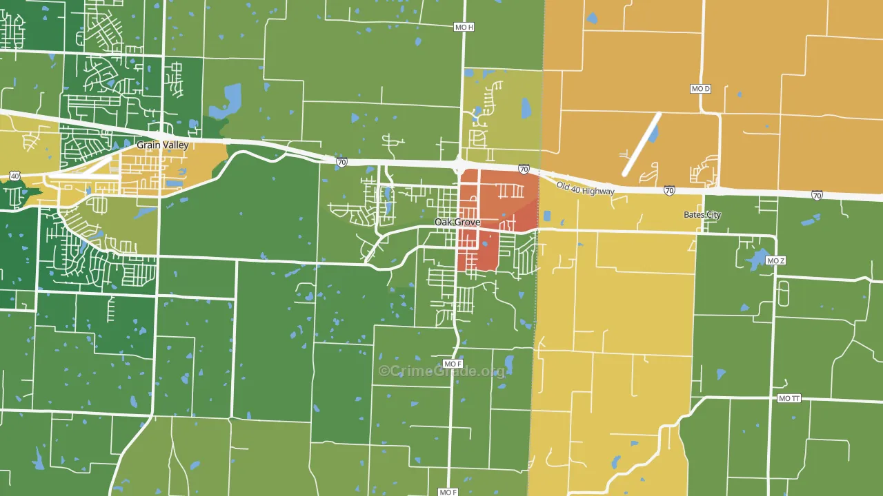 Oak Grove, MO Map of Robbery Rates