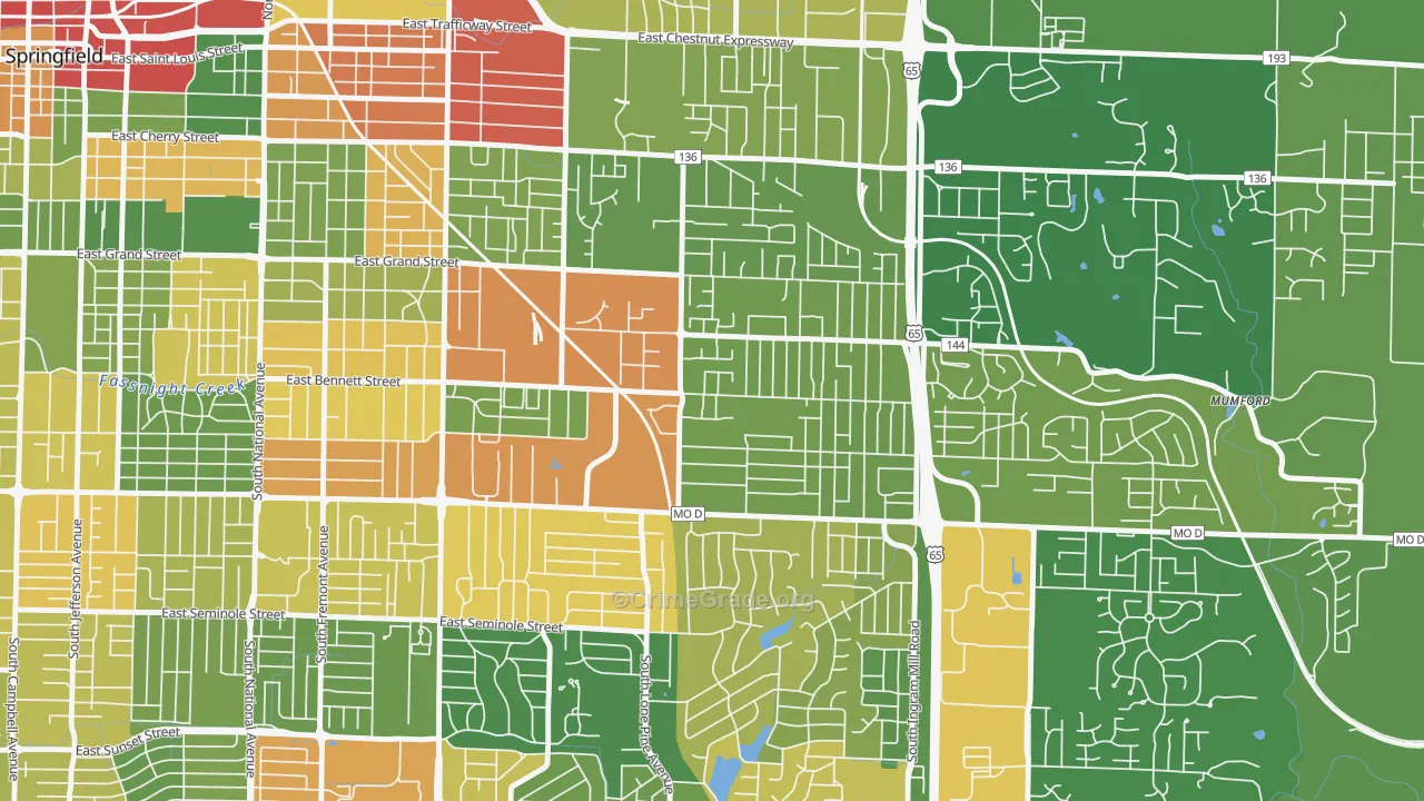 Oak Grove, Springfield, MO Map of Robbery Rates