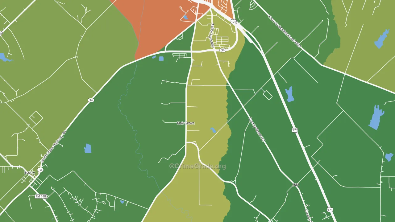 Oak Grove, TX Map of Robbery Rates