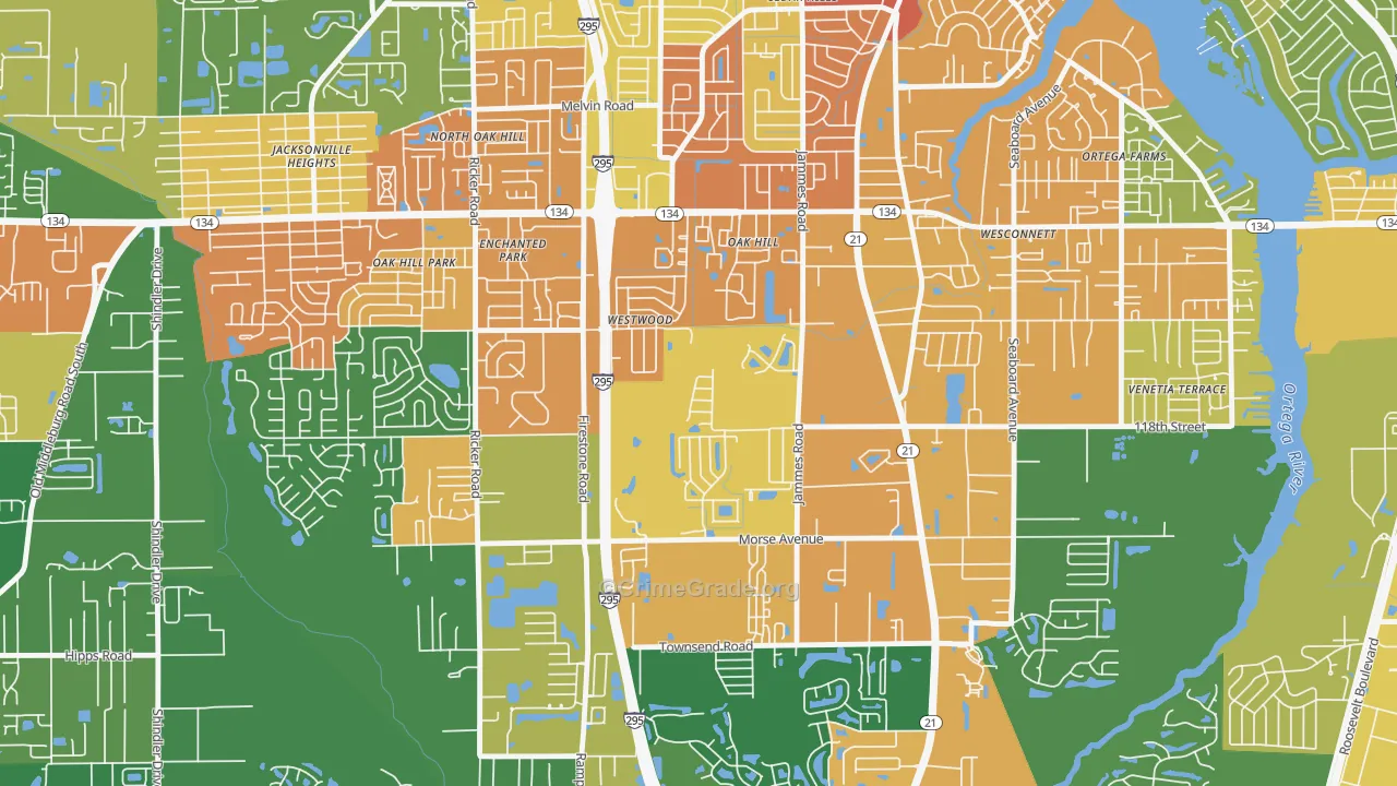 Oak Hill, Jacksonville, FL Map of Robbery Rates