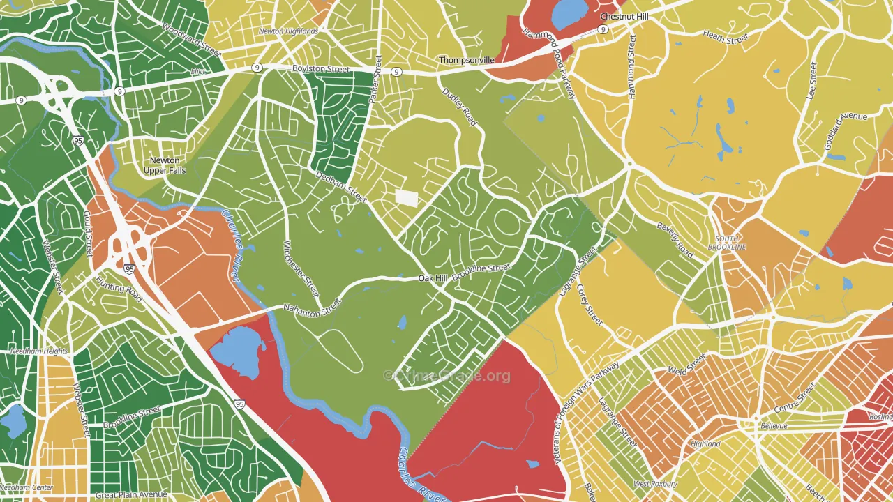 Oak Hill, Newton Center, MA Map of Robbery Rates