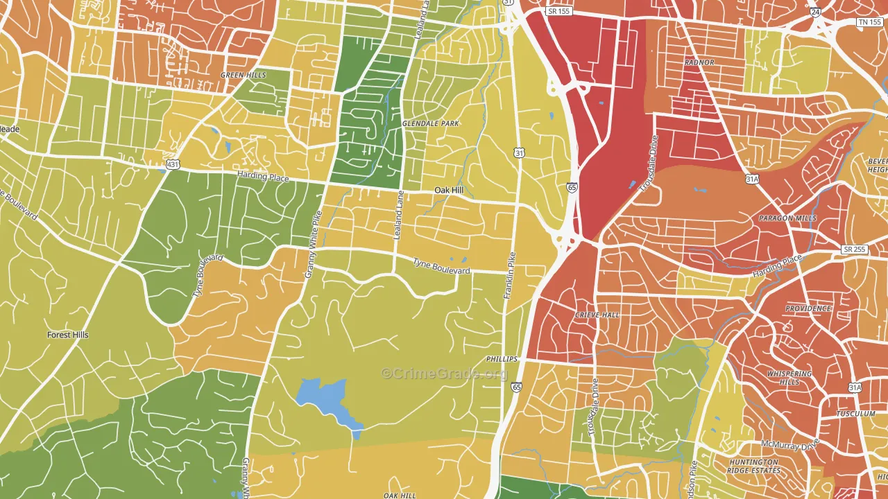 Oak Hill, TN Map of Robbery Rates