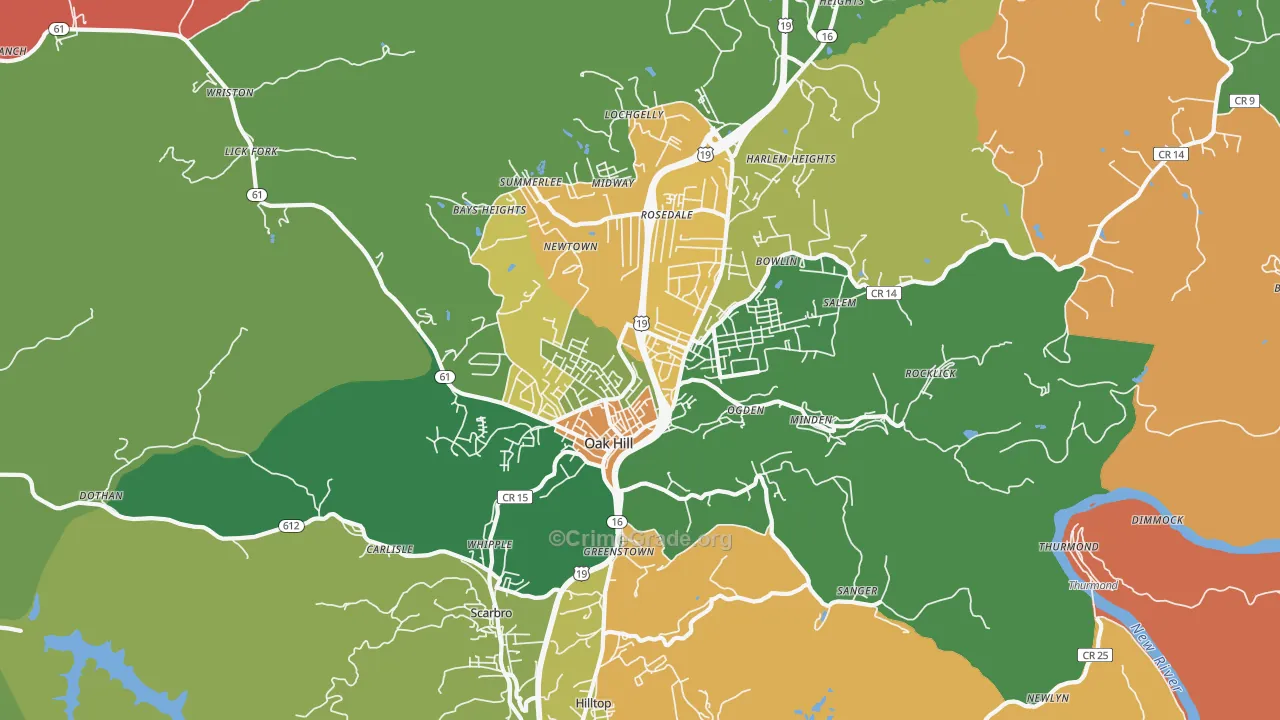 Oak Hill, WV Map of Robbery Rates